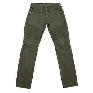 True Religion Slim Moto Jeans Mens 30 Olive Green Biker Style Stretch Denim